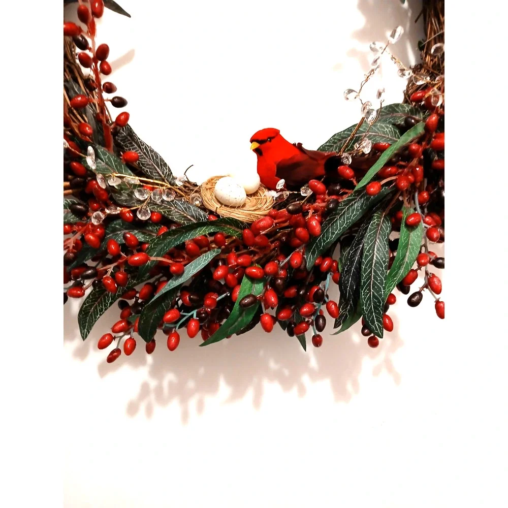 Winter Berries Door Wreath Realistic Red CARDINAL‎ Egg Nest Holiday Ice Crystals